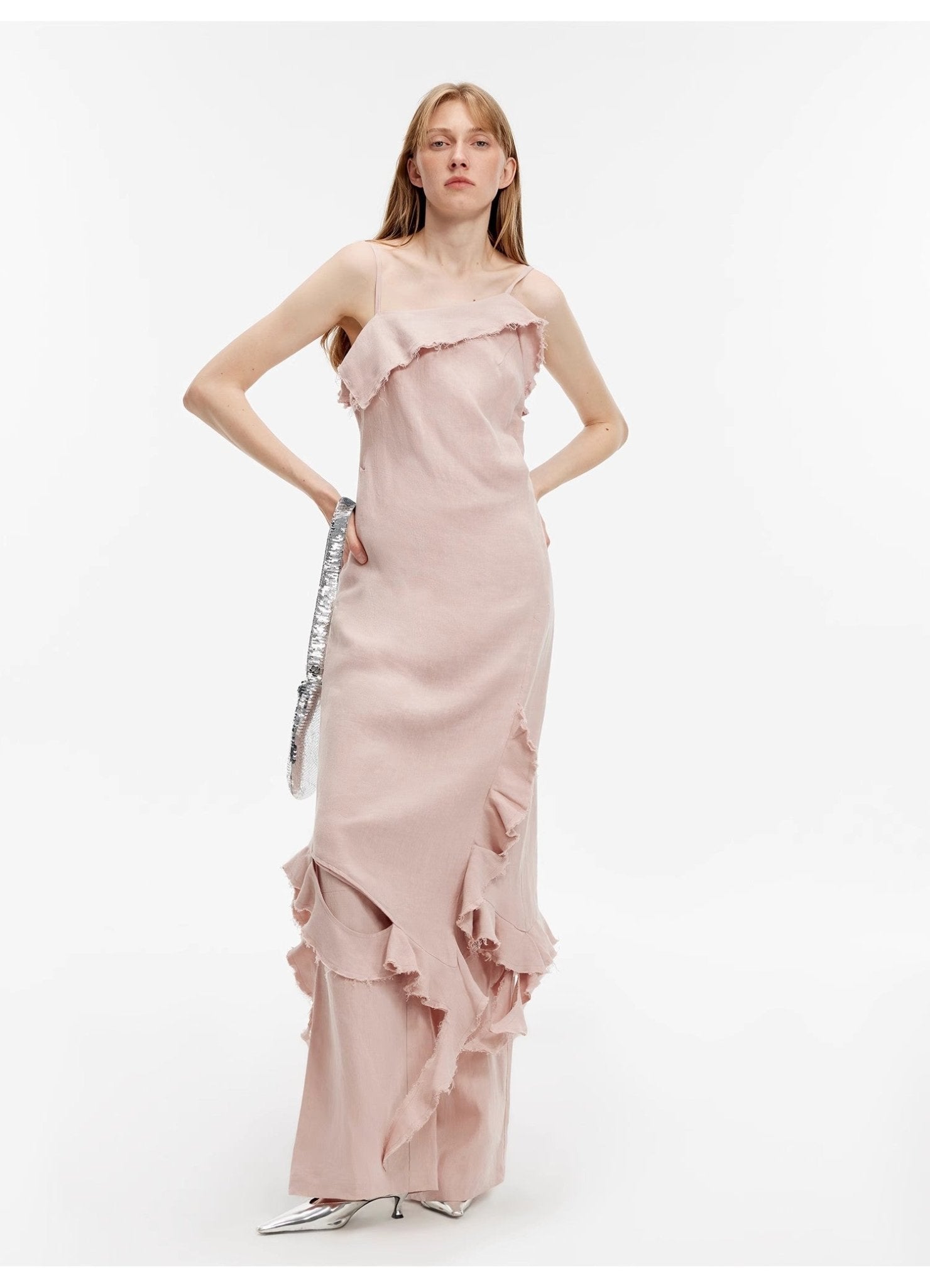 Sand - washed Linen Sling Ruffled Irregular Fit Sling Dress"Summer Whisper" - variant_title