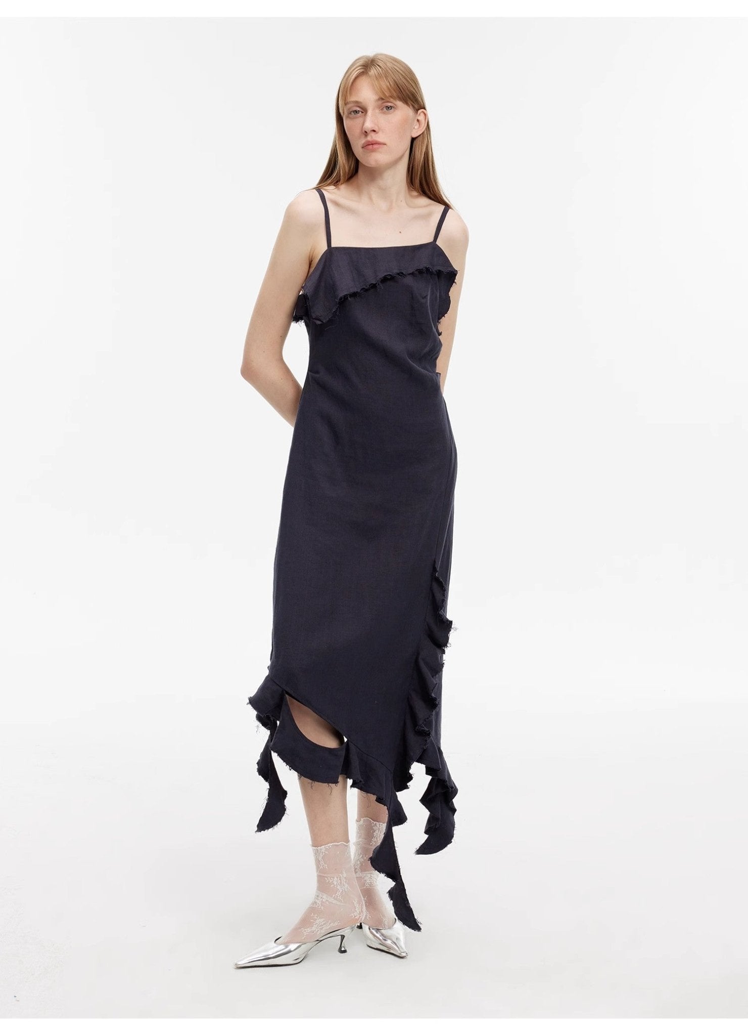 Sand - washed Linen Sling Ruffled Irregular Fit Sling Dress"Summer Whisper" - variant_title