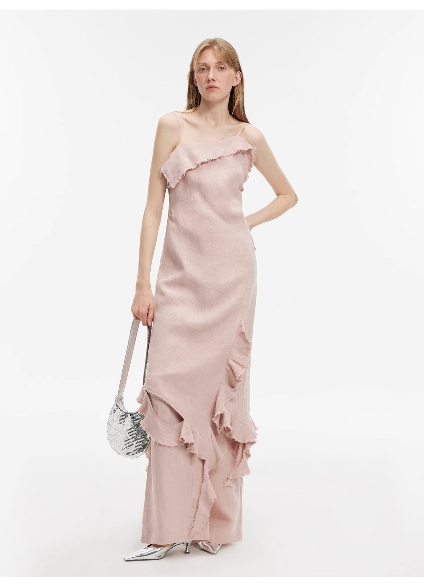 Sand - washed Linen Sling Ruffled Irregular Fit Sling Dress"Summer Whisper" - variant_title