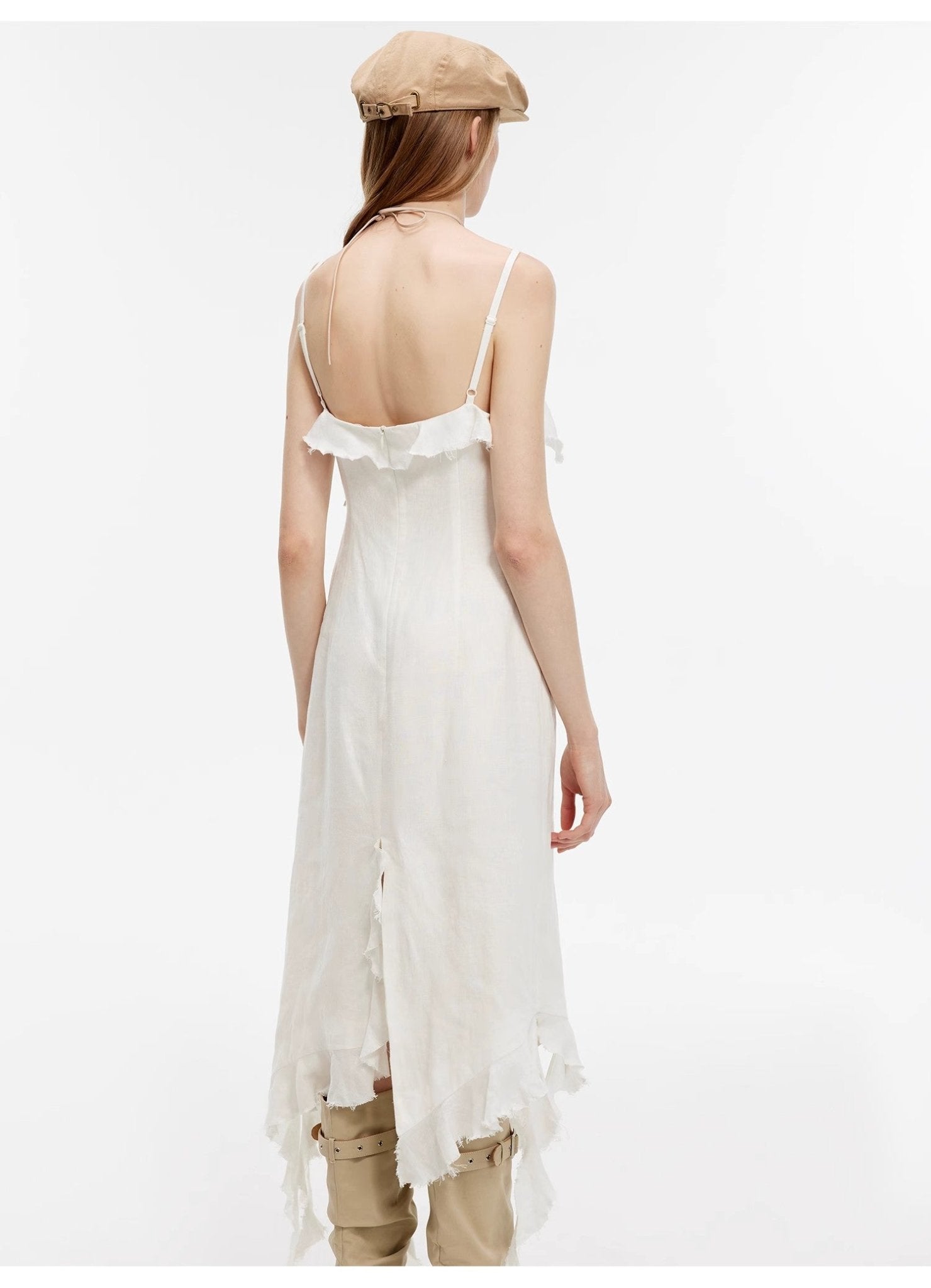 Sand - washed Linen Sling Ruffled Irregular Fit Sling Dress"Summer Whisper" - variant_title