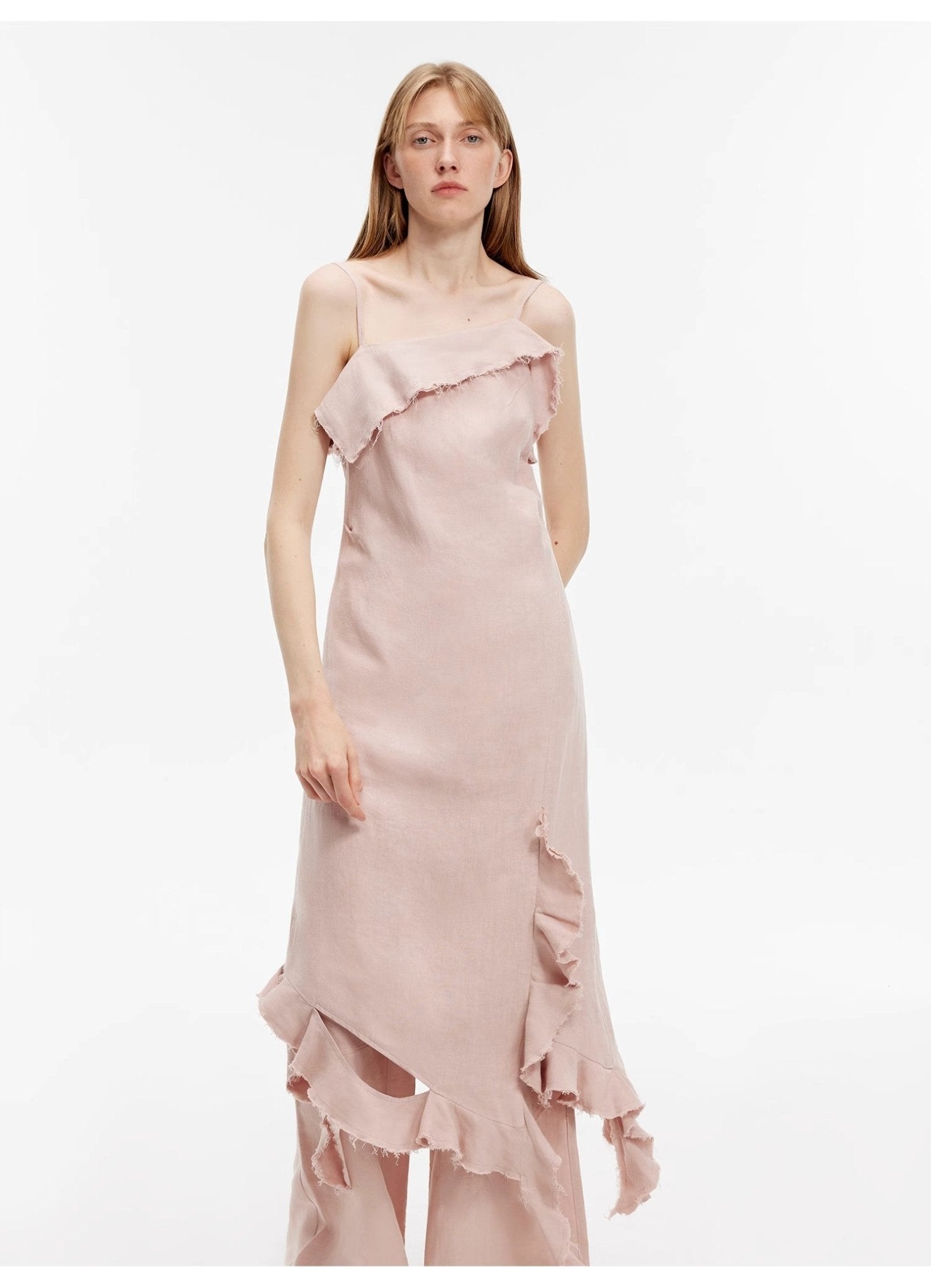 Sand - washed Linen Sling Ruffled Irregular Fit Sling Dress"Summer Whisper" - variant_title