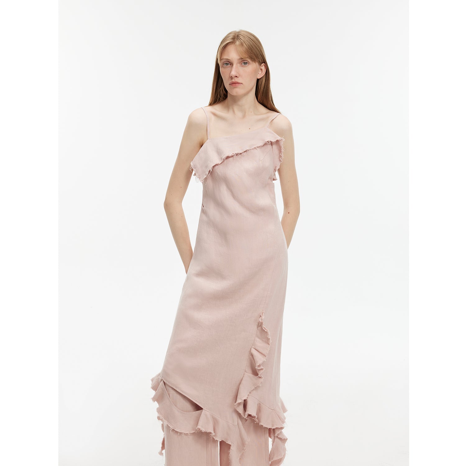 Sand - washed Linen Sling Ruffled Irregular Fit Sling Dress"Summer Whisper" - variant_title
