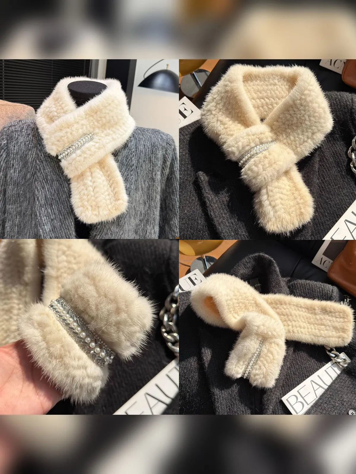 Apricot rhinestone mink fur scarf detail views - Fireladyfur