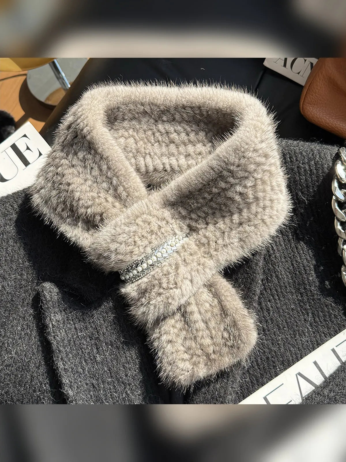 Silver rhinestone mink fur scarf product styling - Fireladyfur