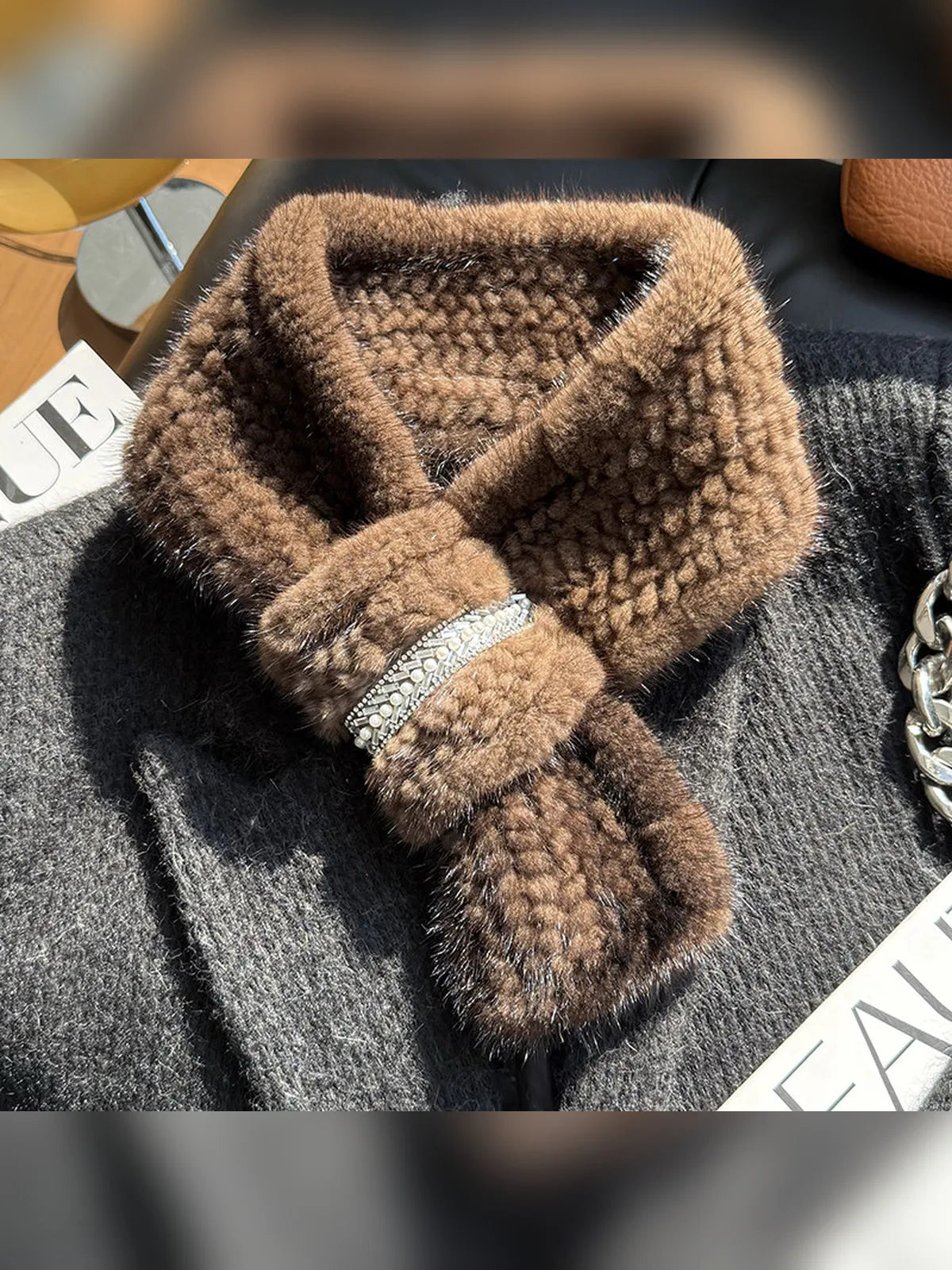 Cocoa brown rhinestone mink fur scarf product styling - Fireladyfur