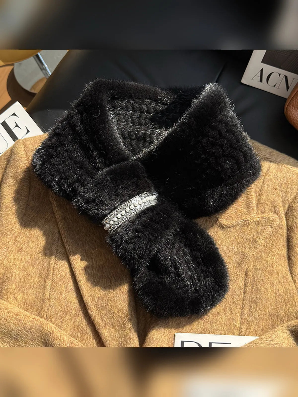 Black rhinestone mink fur scarf product styling - Fireladyfur