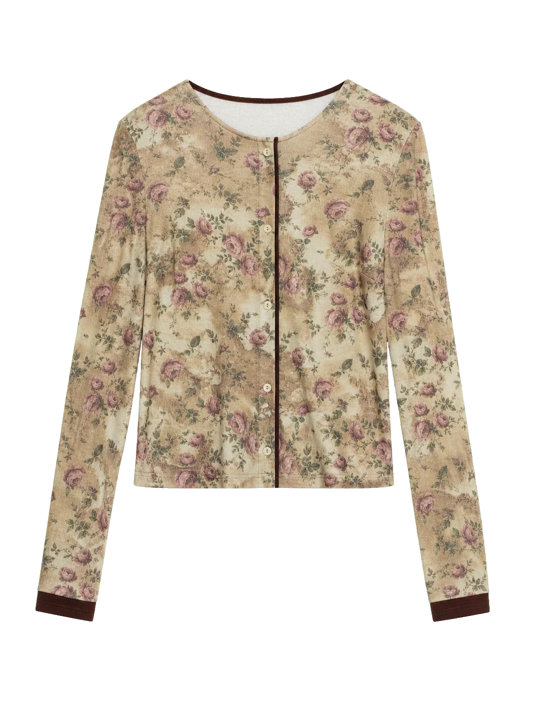 Vintage Brown Rose floral Tencel Merino wool long sleeve shirt product cutout