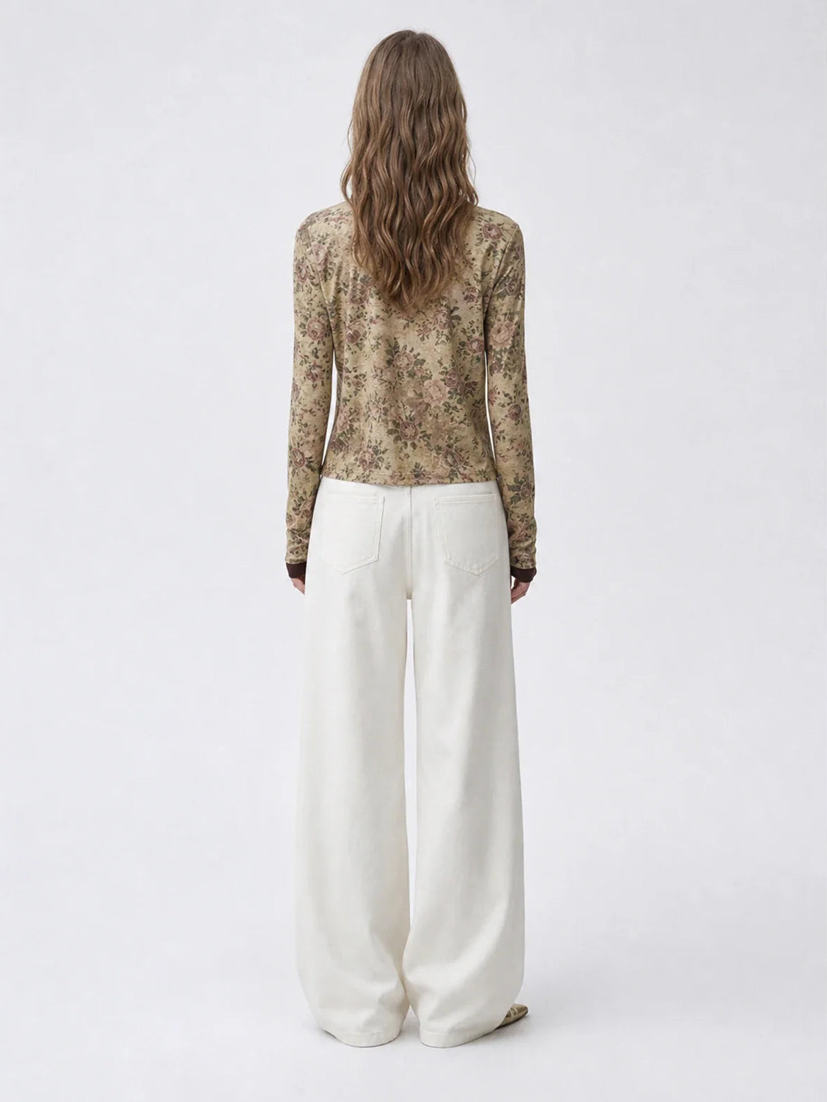 Vintage Brown Rose floral Tencel Merino wool long sleeve shirt on ROSINA model back view