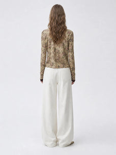 Vintage Brown Rose floral Tencel Merino wool long sleeve shirt on ROSINA model back view