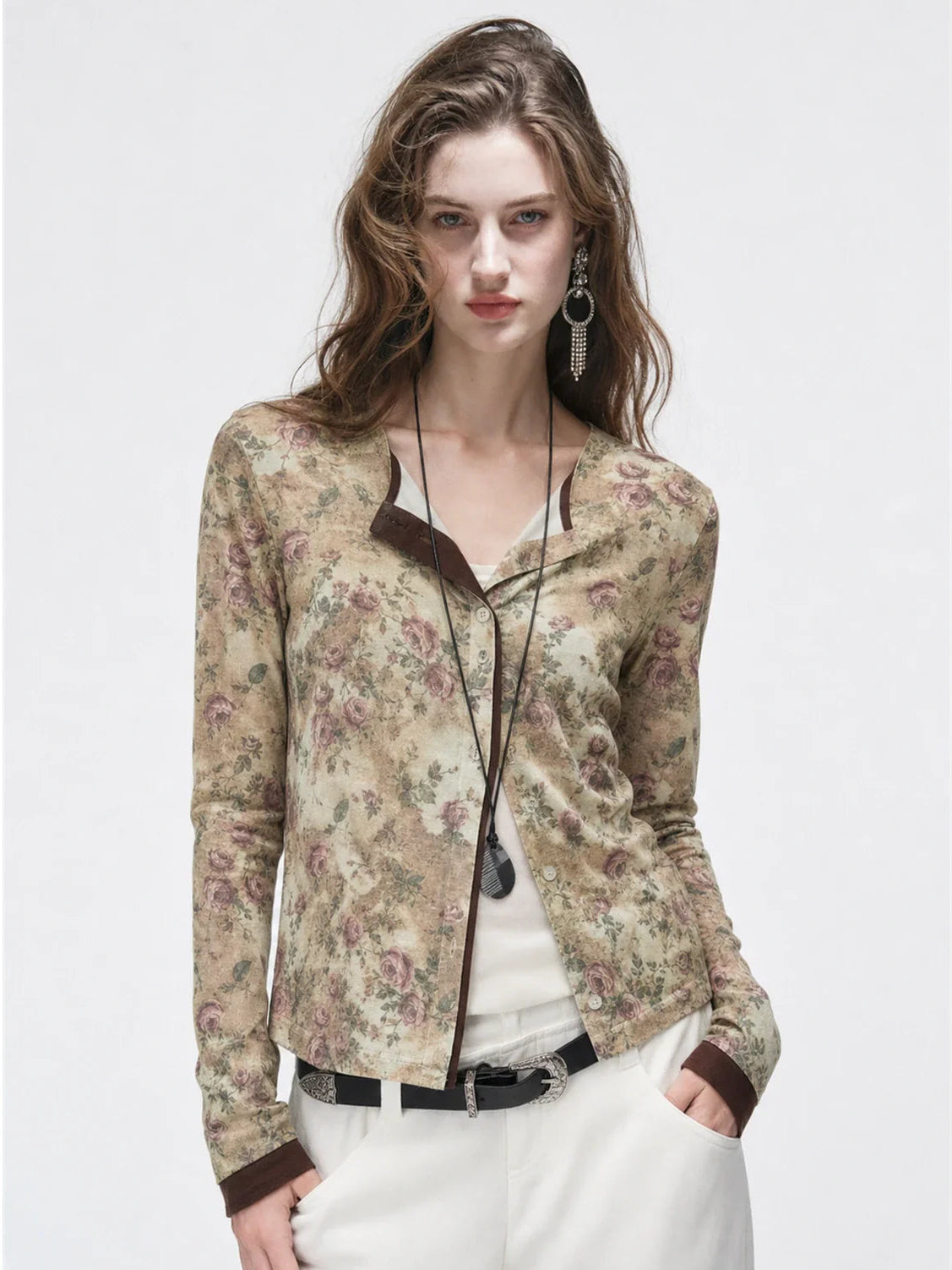Vintage Brown Rose floral Tencel Merino wool long sleeve shirt on ROSINA model front view