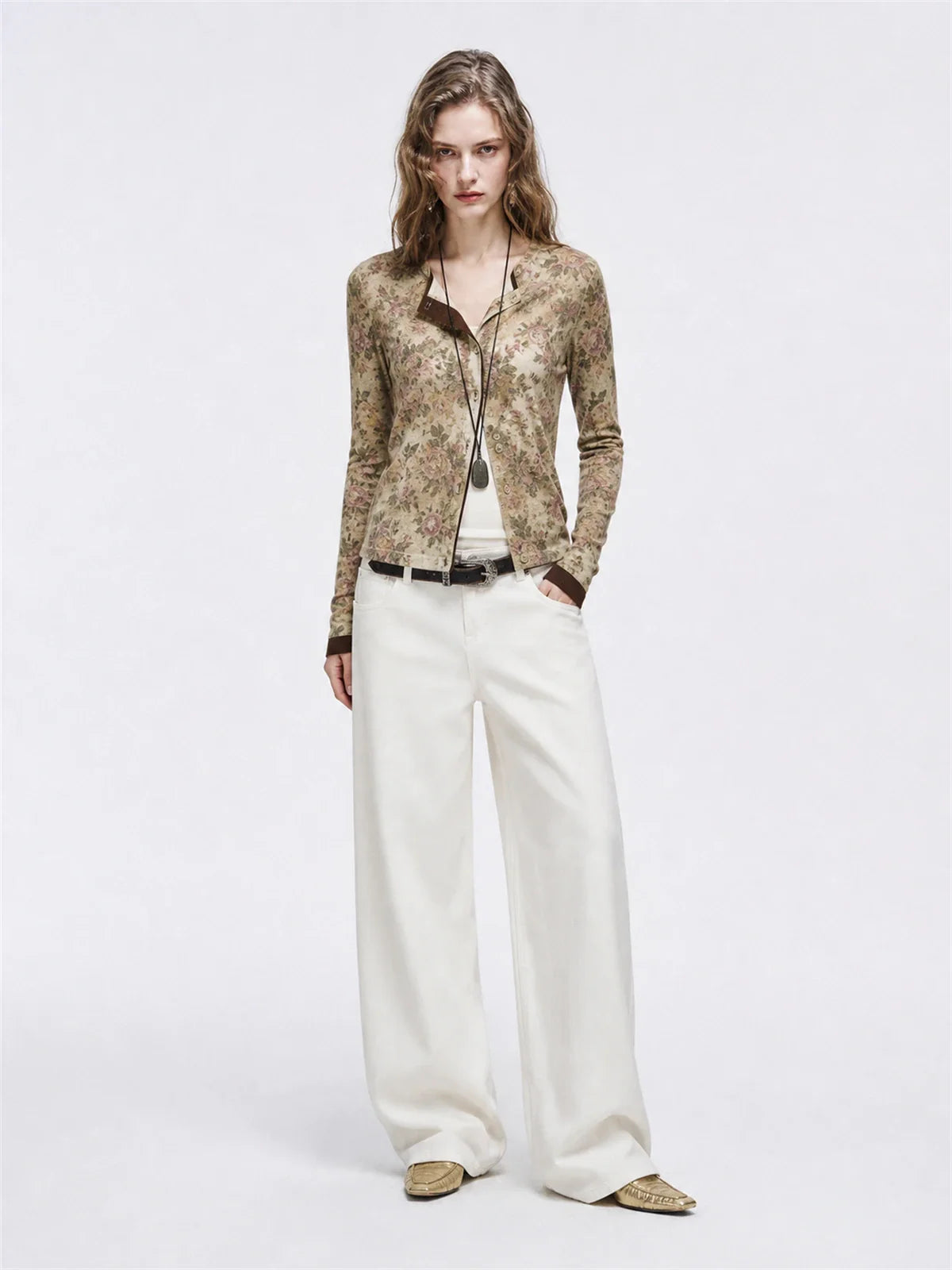 Vintage Brown Rose floral Tencel Merino wool long sleeve shirt on ROSINA model full front view
