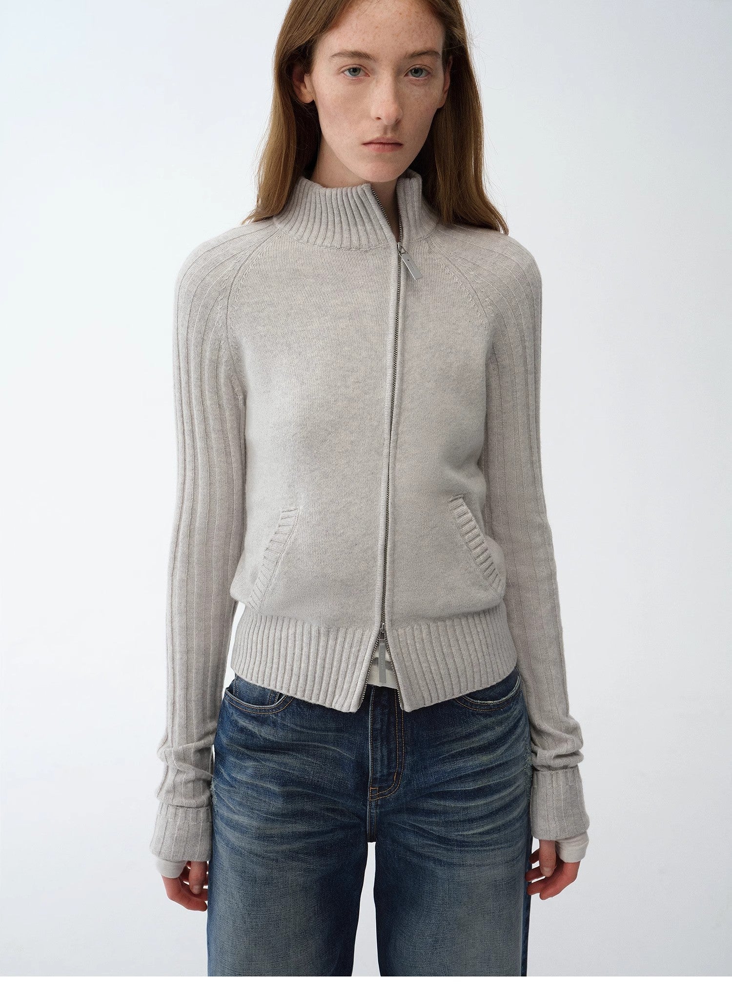"Senna Melody" oblique placket fine merino wool and cotton blend zipper knitted cardigan top for women - variant_title