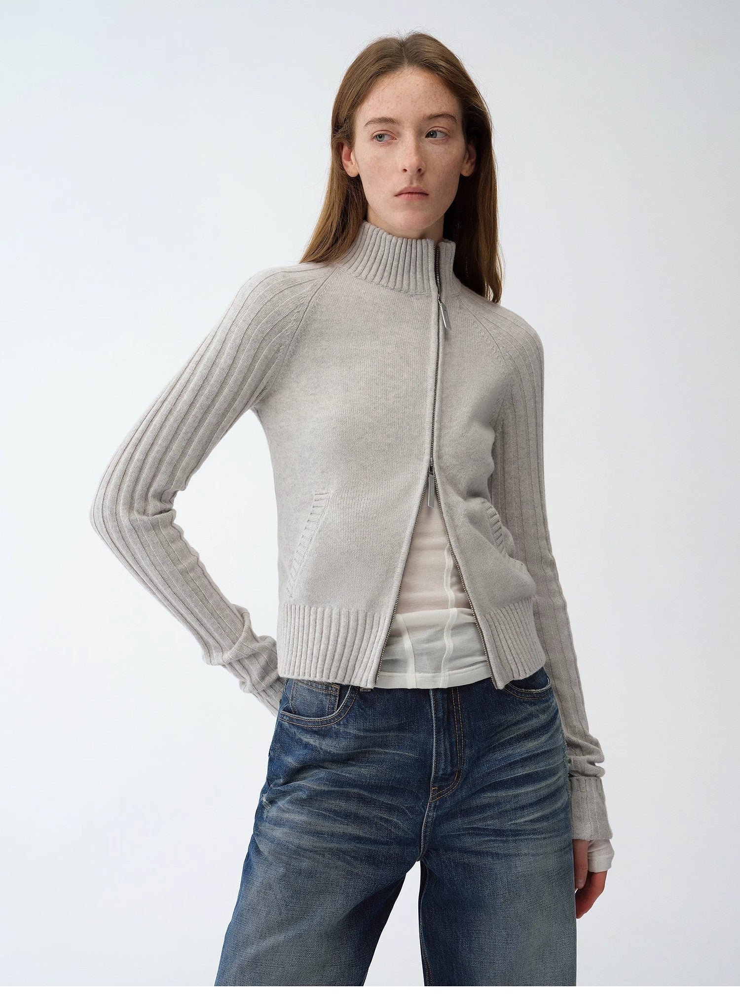 "Senna Melody" oblique placket fine merino wool and cotton blend zipper knitted cardigan top for women - variant_title