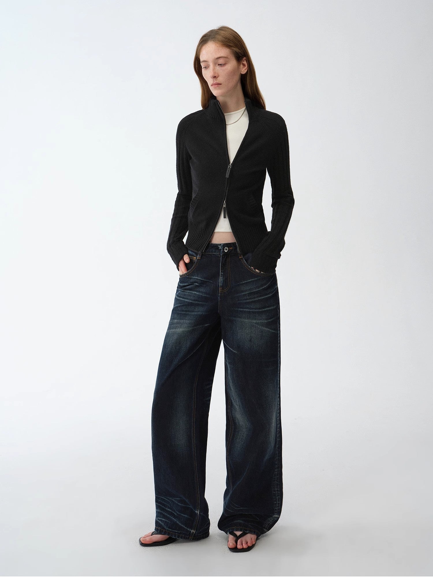 "Senna Melody" oblique placket fine merino wool and cotton blend zipper knitted cardigan top for women - variant_title