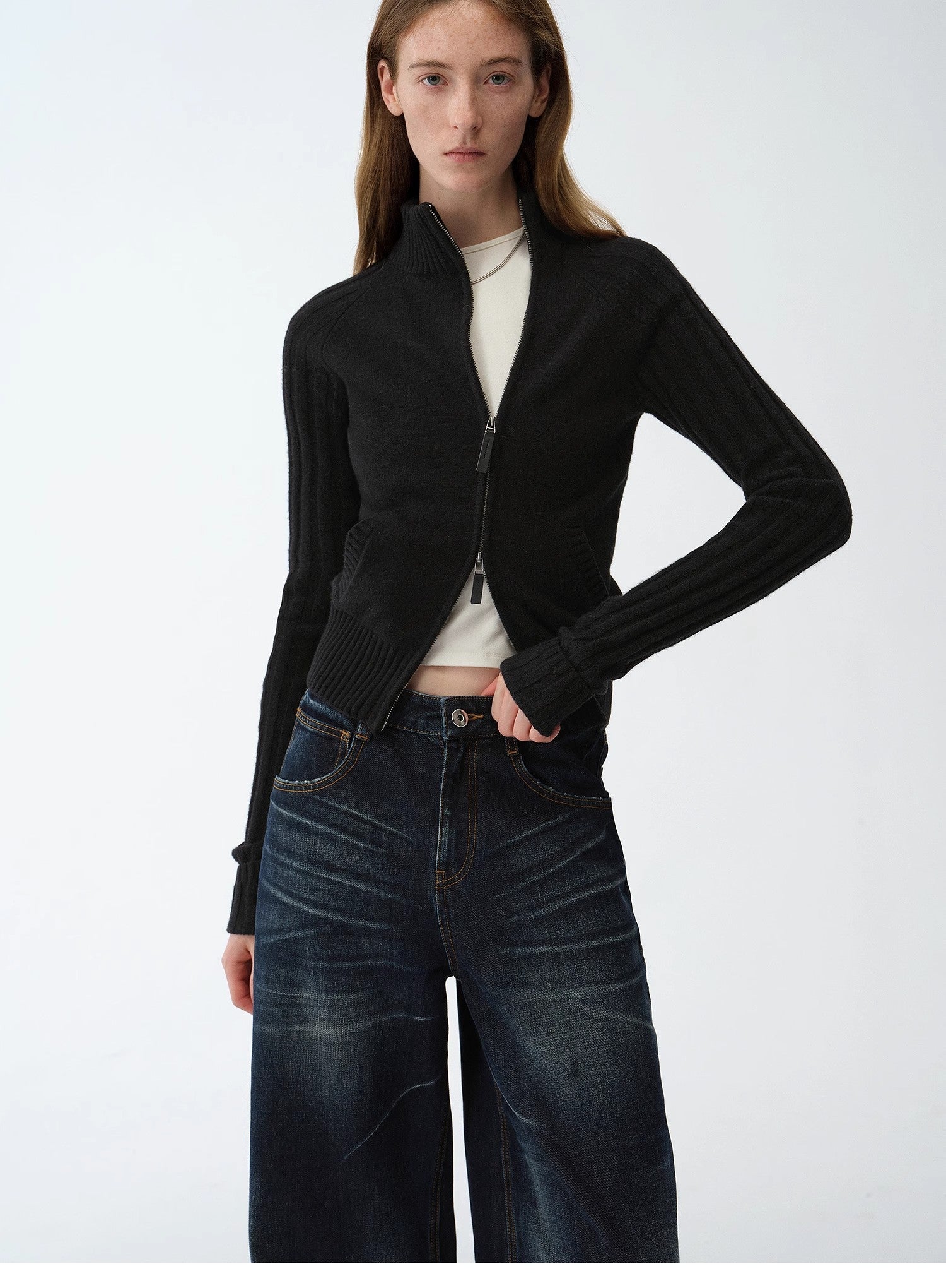 "Senna Melody" oblique placket fine merino wool and cotton blend zipper knitted cardigan top for women - variant_title