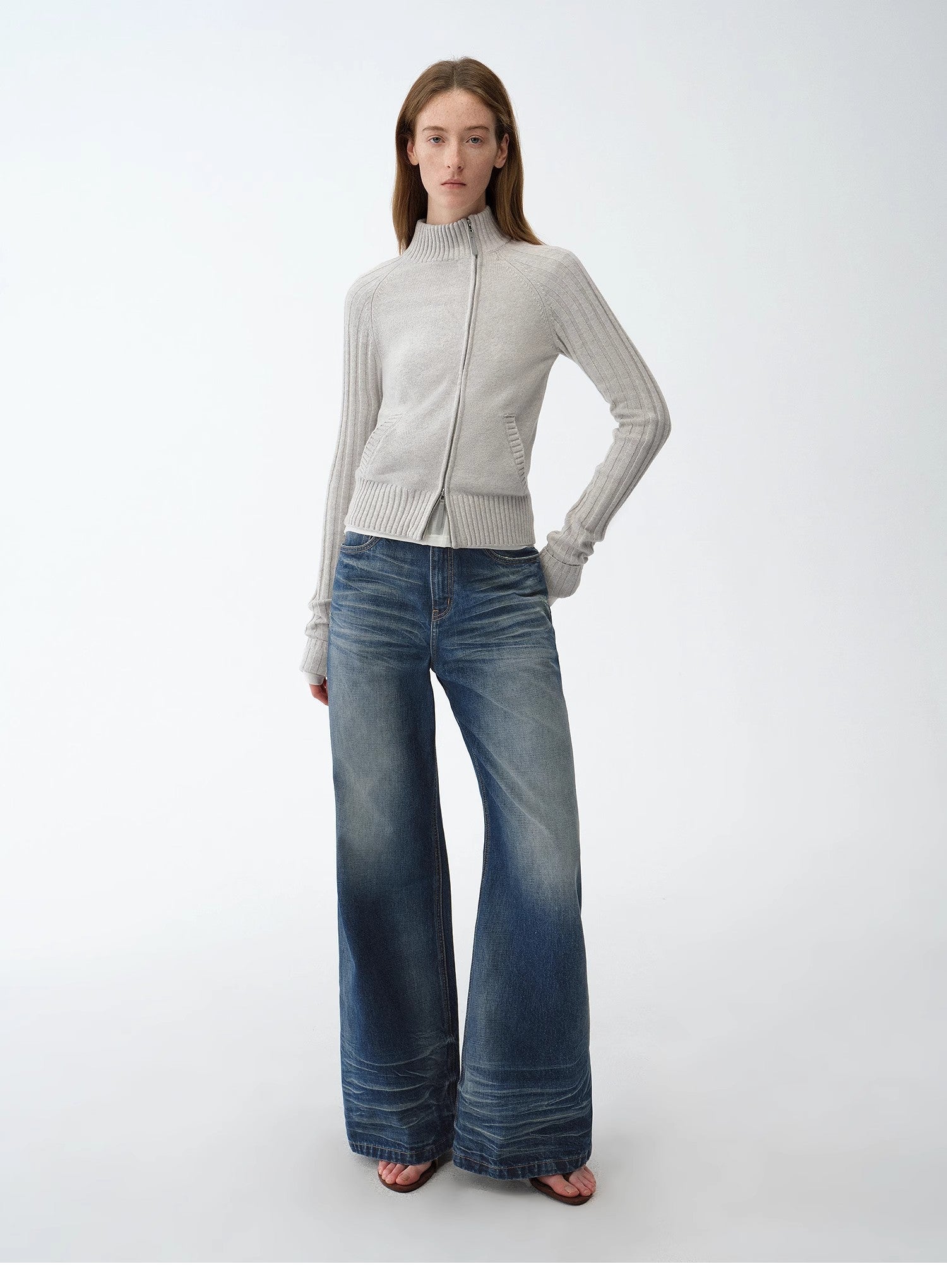 "Senna Melody" oblique placket fine merino wool and cotton blend zipper knitted cardigan top for women - variant_title