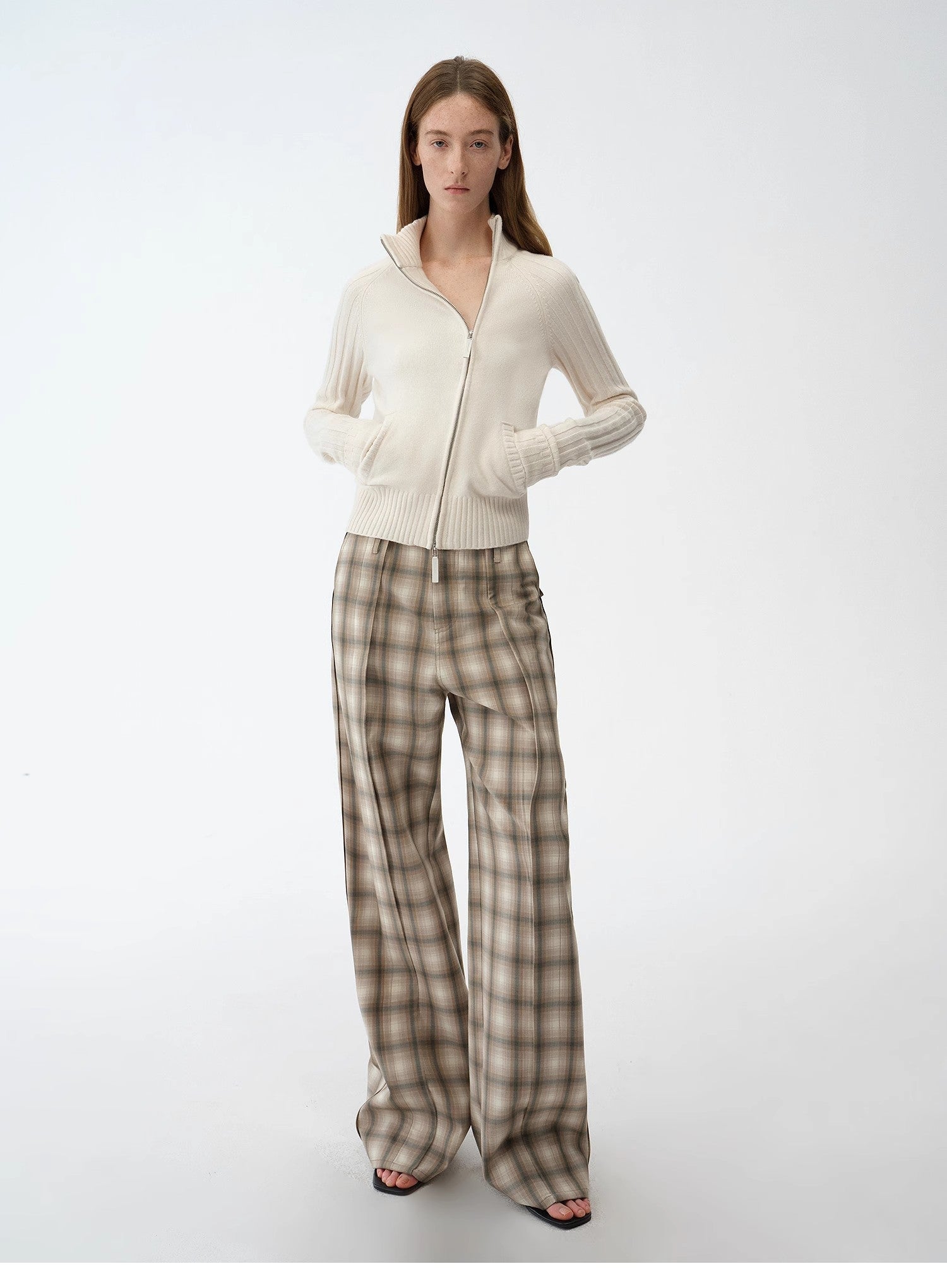 "Senna Melody" oblique placket fine merino wool and cotton blend zipper knitted cardigan top for women - variant_title