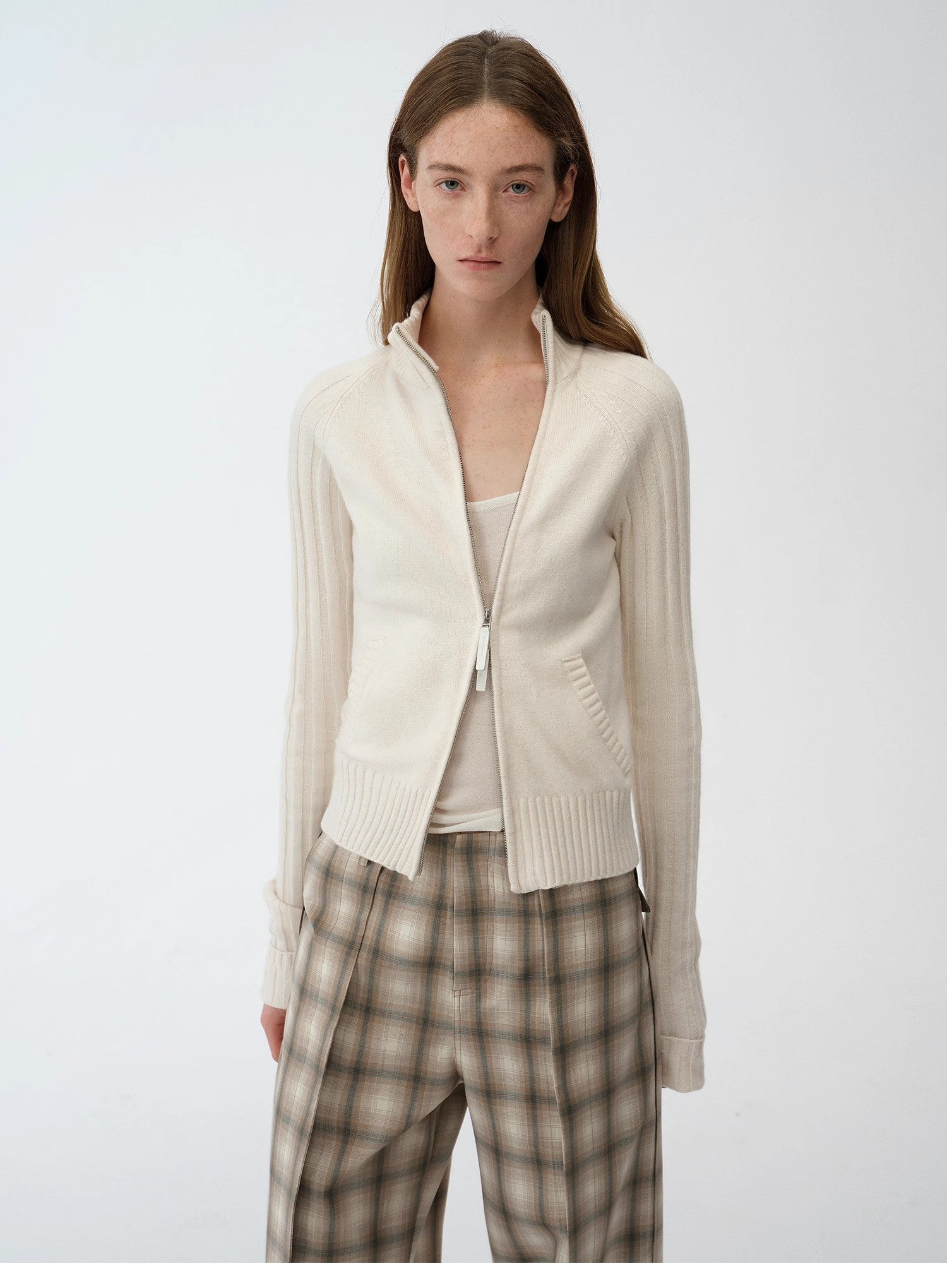 "Senna Melody" oblique placket fine merino wool and cotton blend zipper knitted cardigan top for women - variant_title