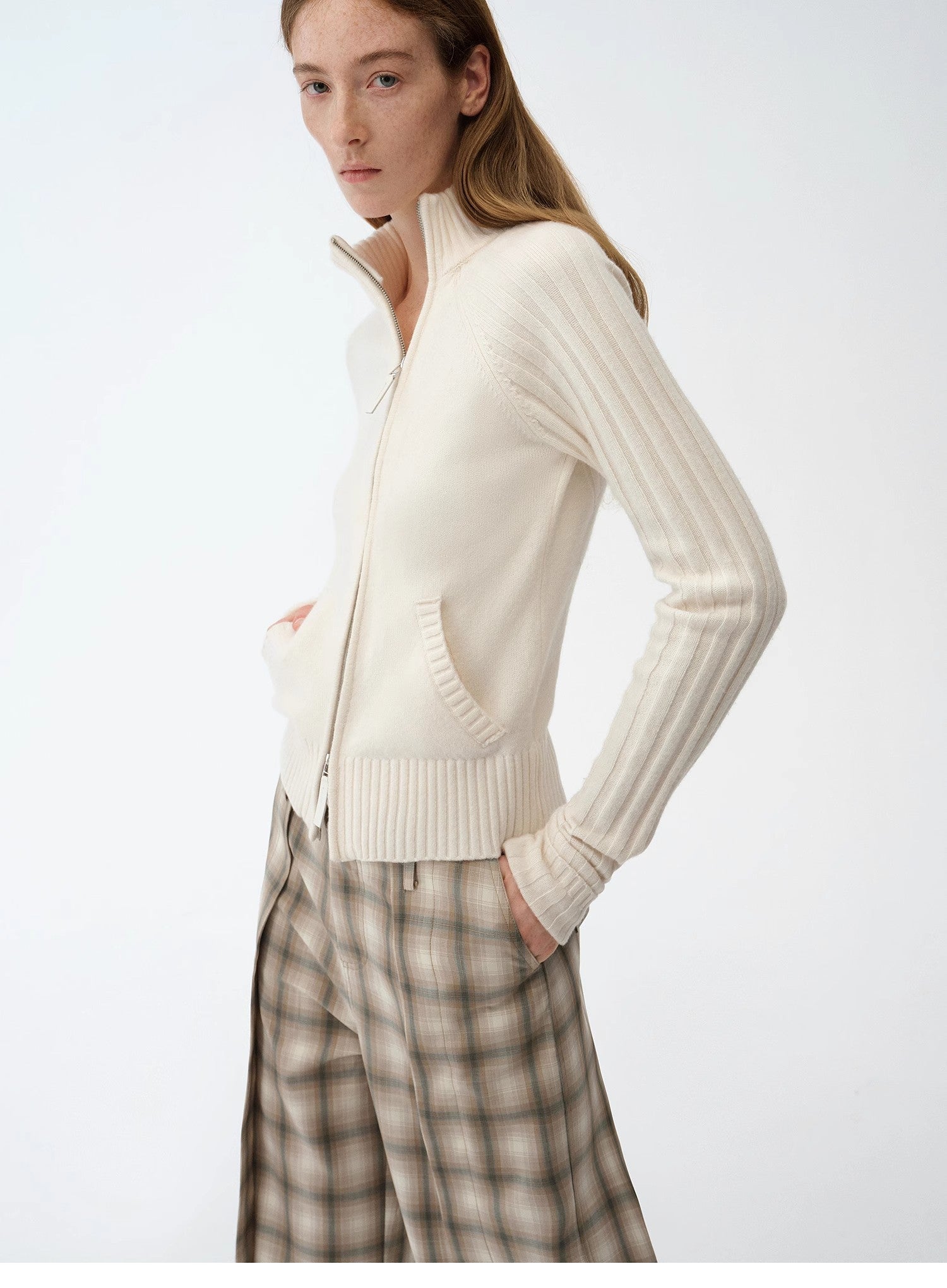 "Senna Melody" oblique placket fine merino wool and cotton blend zipper knitted cardigan top for women - variant_title