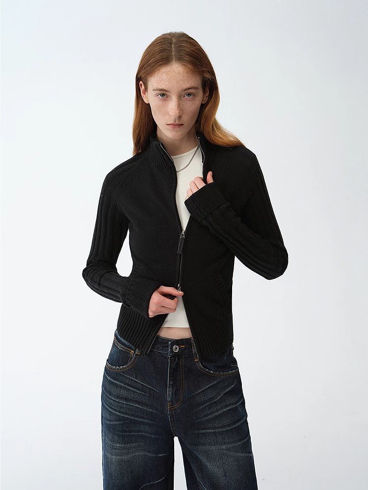 "Senna Melody" oblique placket fine merino wool and cotton blend zipper knitted cardigan top for women - variant_title
