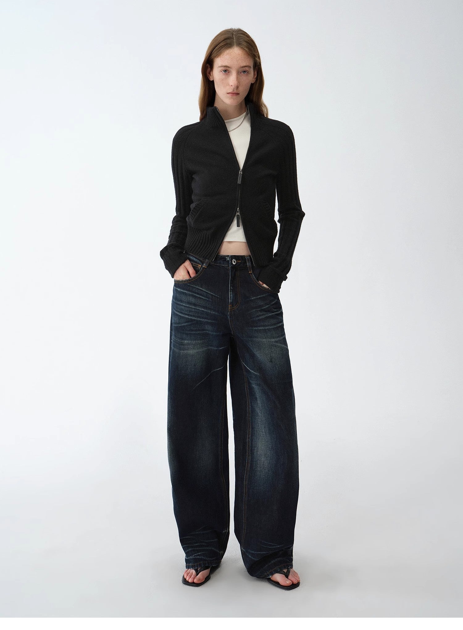"Senna Melody" oblique placket fine merino wool and cotton blend zipper knitted cardigan top for women - variant_title
