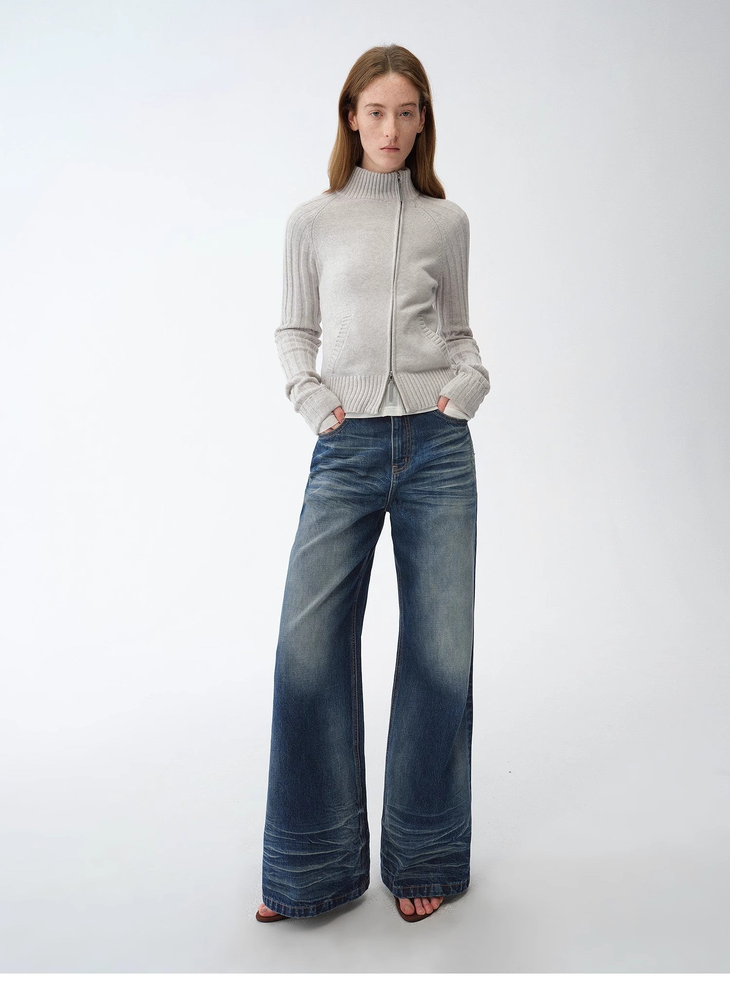 "Senna Melody" oblique placket fine merino wool and cotton blend zipper knitted cardigan top for women - variant_title