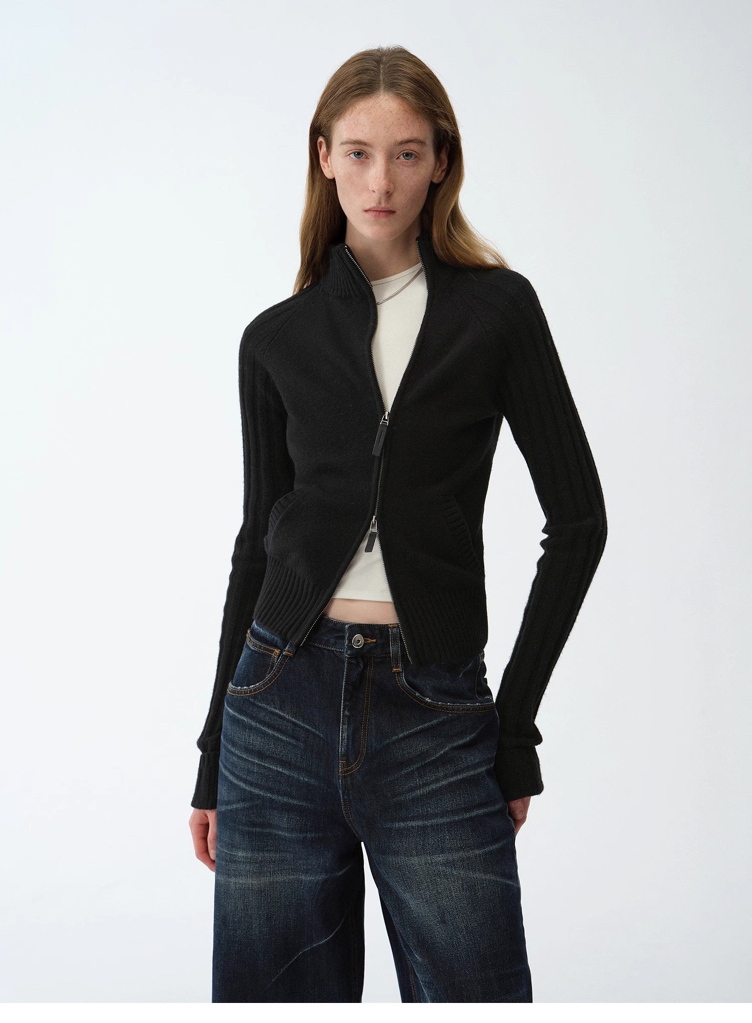 "Senna Melody" oblique placket fine merino wool and cotton blend zipper knitted cardigan top for women - variant_title