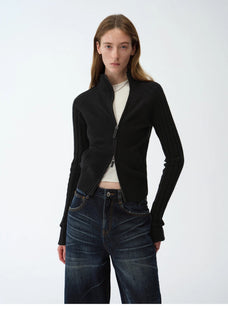 "Senna Melody" oblique placket fine merino wool and cotton blend zipper knitted cardigan top for women - variant_title