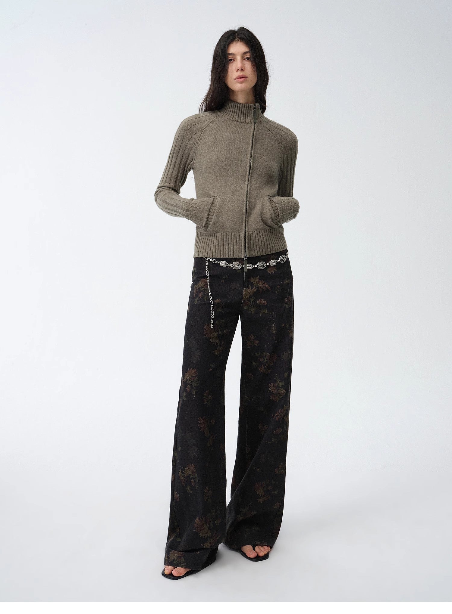 "Senna Melody" oblique placket fine merino wool and cotton blend zipper knitted cardigan top for women - variant_title