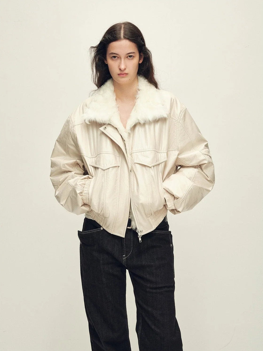 Firelady Serene Heat Island creamy ice cream fur collar pilot jacket front model view