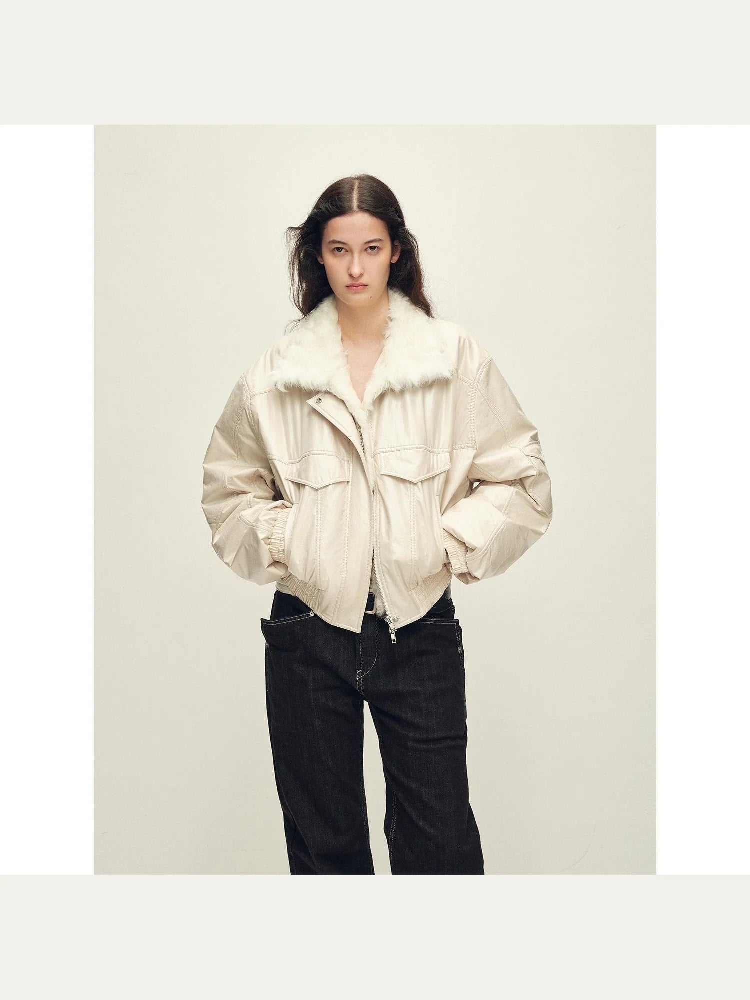 Firelady Serene Heat Island creamy ice cream fur collar pilot jacket front model view