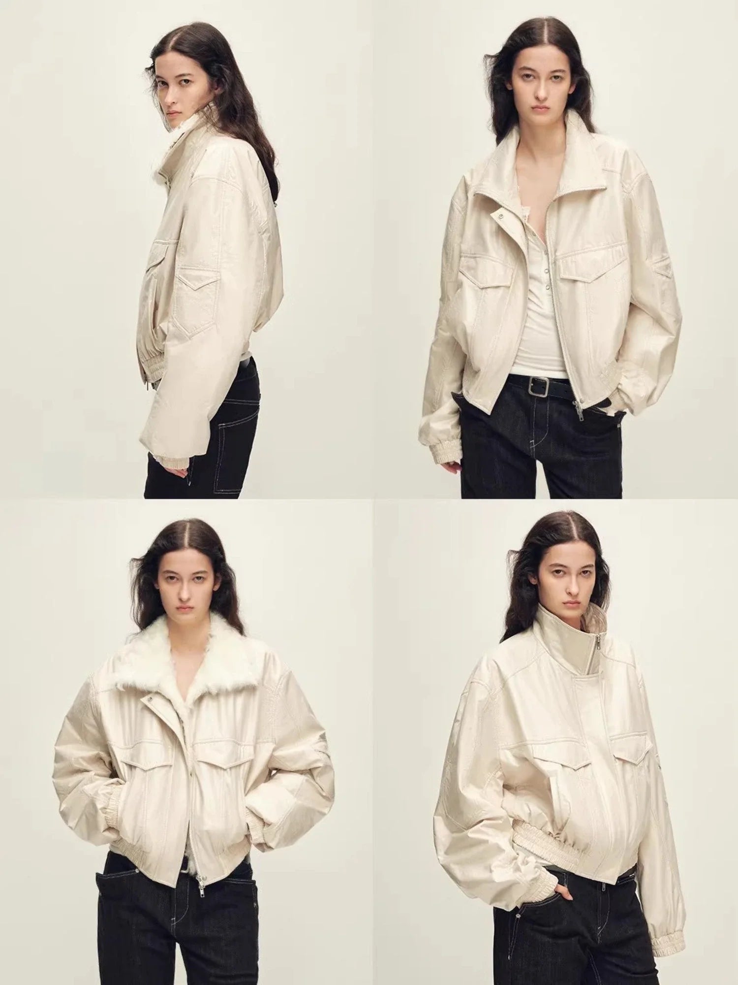 Firelady Serene Heat Island creamy ice cream fur collar pilot jacket multiple model views