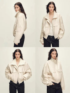 Firelady Serene Heat Island creamy ice cream fur collar pilot jacket multiple model views