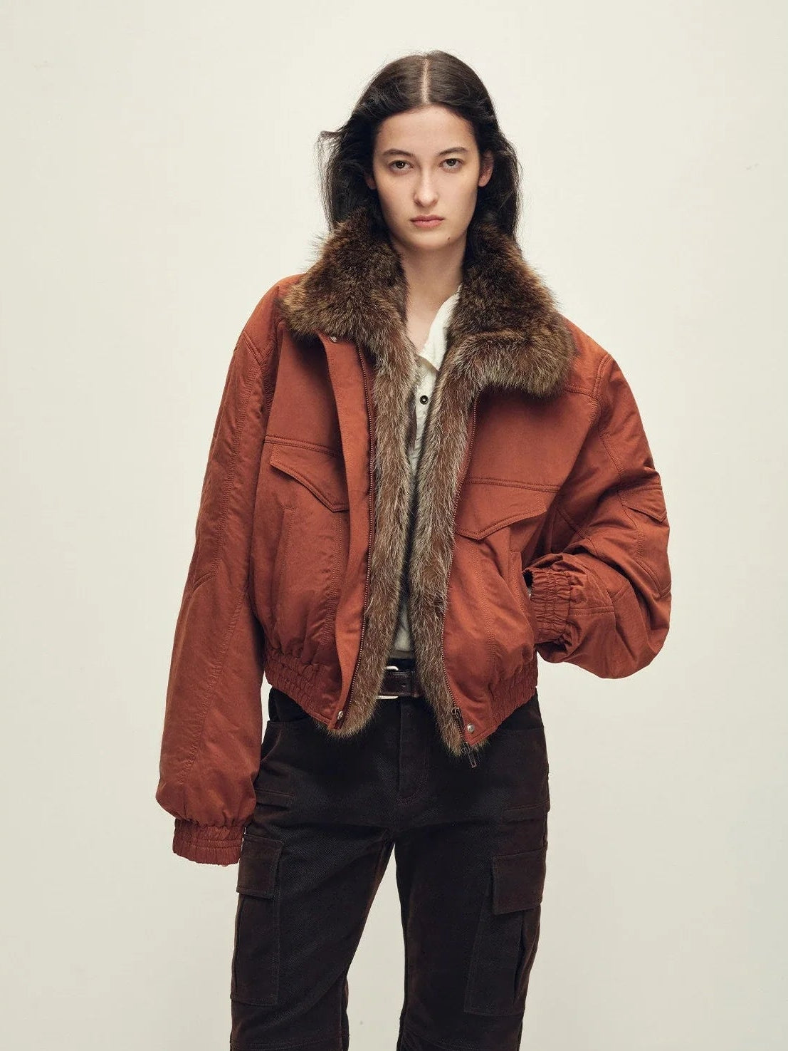 Firelady Serene Heat Island dirty orange fur collar pilot jacket front model view