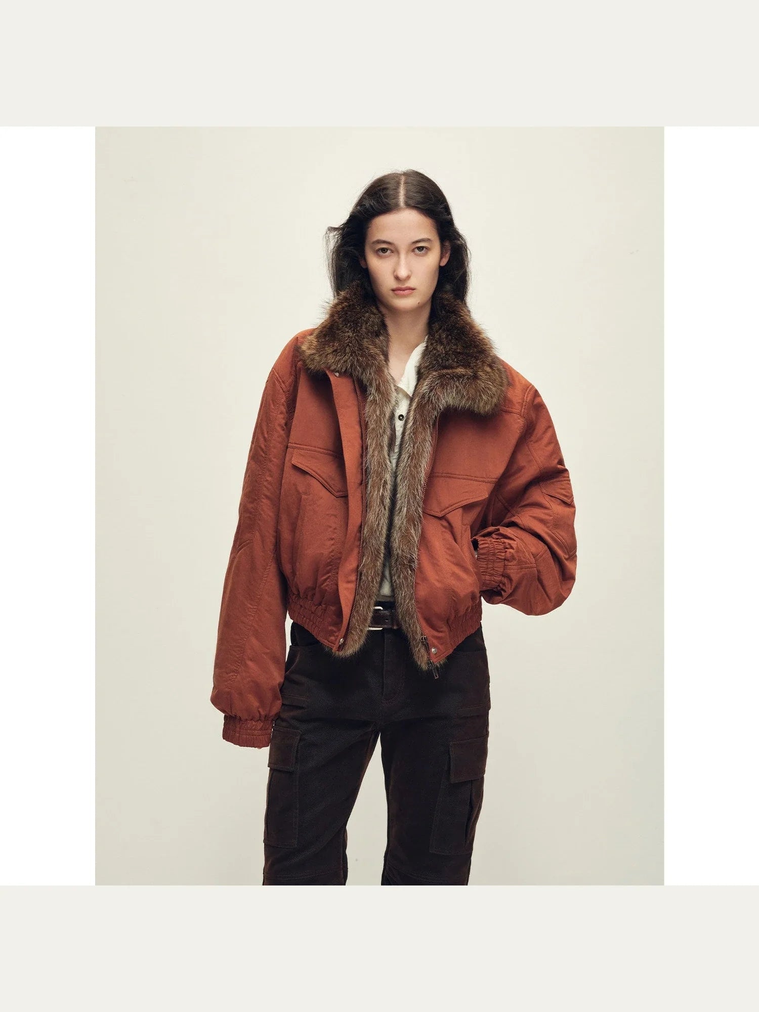 Firelady Serene Heat Island dirty orange fur collar pilot jacket front model view