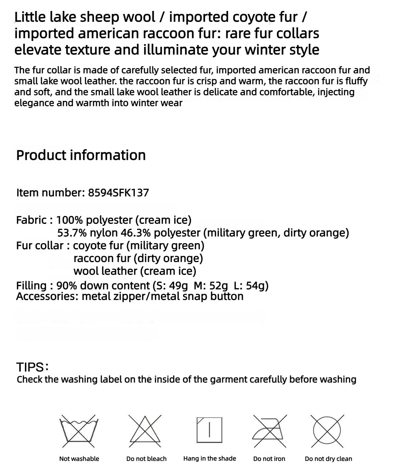 Firelady Serene Heat Island fur collar pilot jacket product details materials and care information