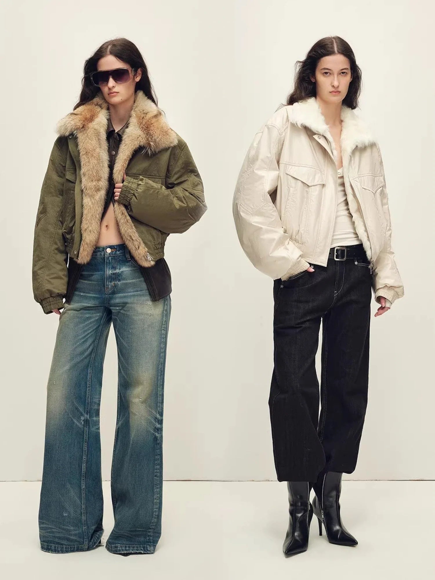 Firelady Serene Heat Island military green and creamy ice cream fur collar jackets on two models
