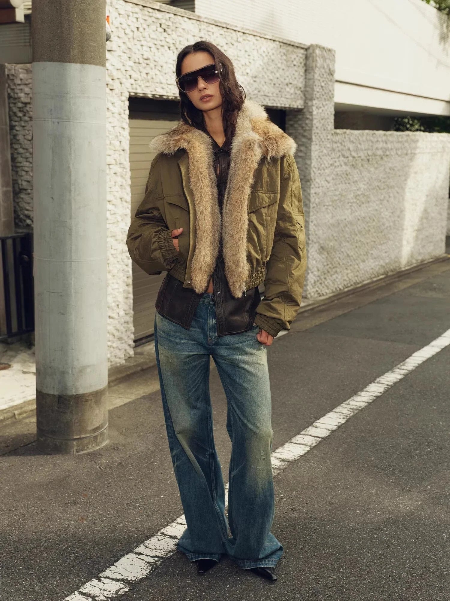Firelady Serene Heat Island military green fur collar pilot jacket outdoor full body styling
