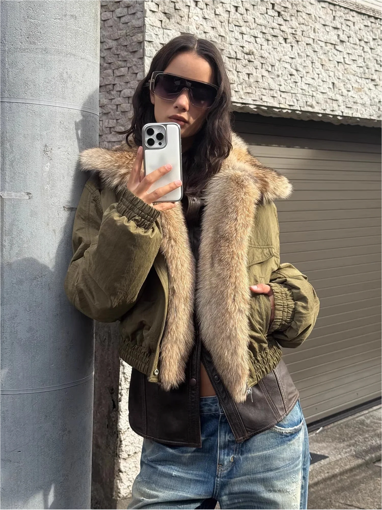 Firelady Serene Heat Island military green fur collar pilot jacket outdoor styling close-up