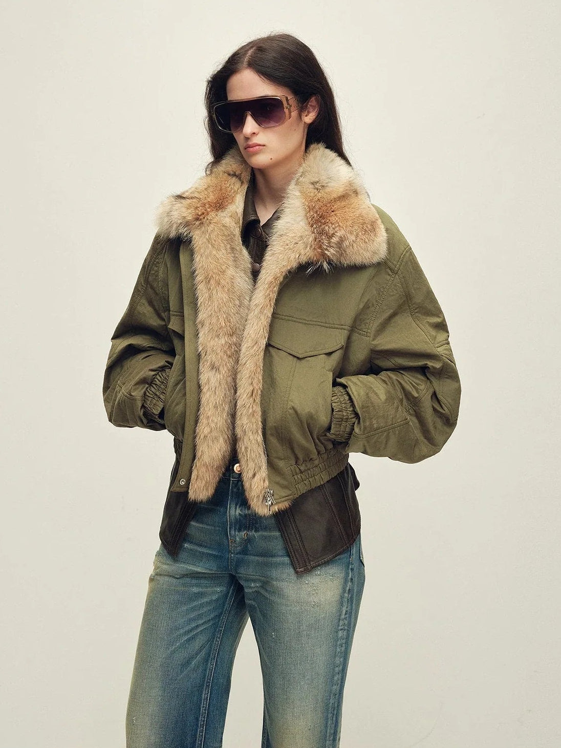 Firelady Serene Heat Island military green fur collar pilot jacket studio front view