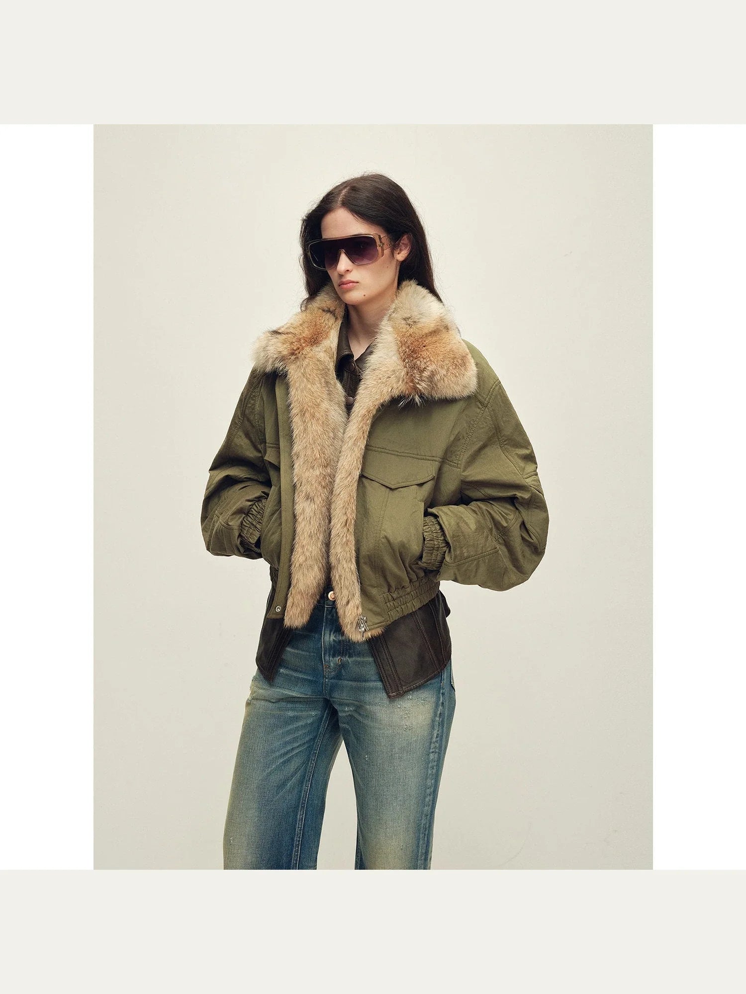 Firelady Serene Heat Island military green fur collar pilot jacket studio front view