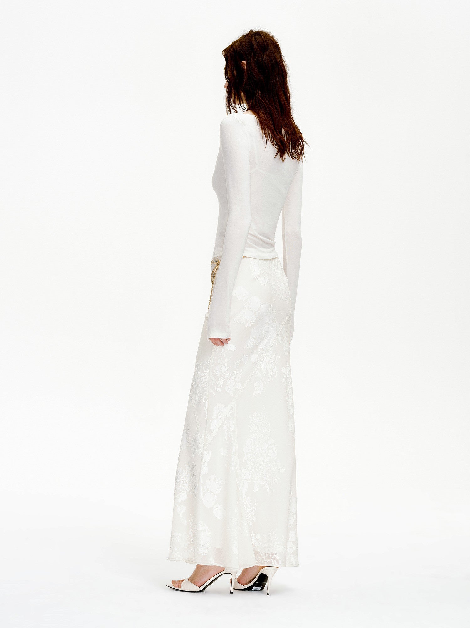"Seville" bias - cut fishtail midi skirt in burnt pattern material