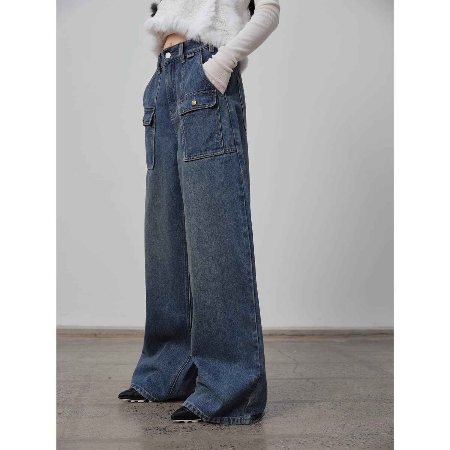 "Silent Deep Sea"Washed Vintage Blue Straight - leg Workwear Jeans for Women, Loose Wide - leg High - waisted Pants - variant_title
