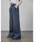 "Silent Deep Sea"Washed Vintage Blue Straight - leg Workwear Jeans for Women, Loose Wide - leg High - waisted Pants - variant_title