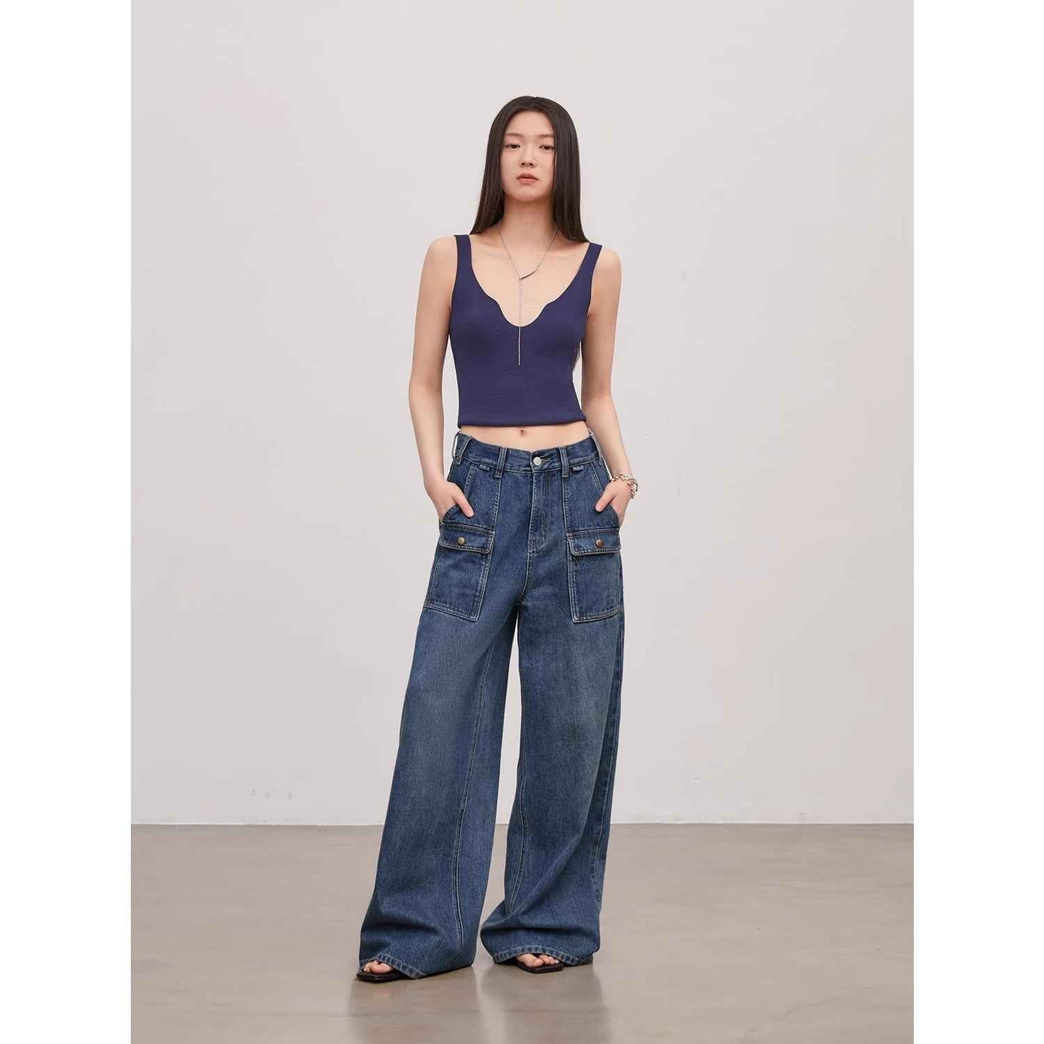 "Silent Deep Sea"Washed Vintage Straight leg Workwear Jeans Loose Wide leg High waisted Pants