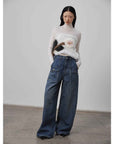 "Silent Deep Sea"Washed Vintage Blue Straight - leg Workwear Jeans for Women, Loose Wide - leg High - waisted Pants - variant_title
