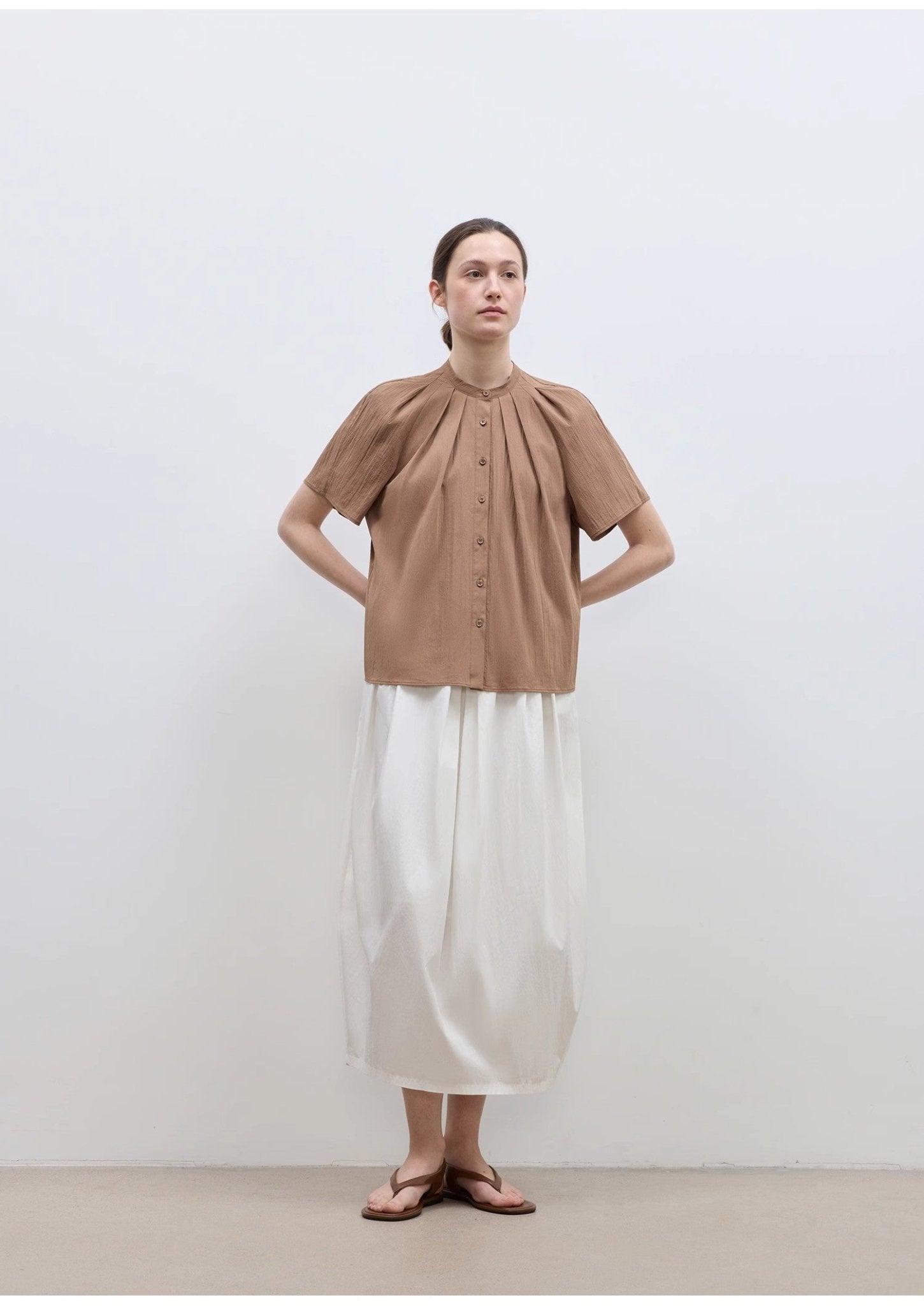 "Silent Island" Stand - up collar pleated short - sleeved shirt women's casual top - variant_title