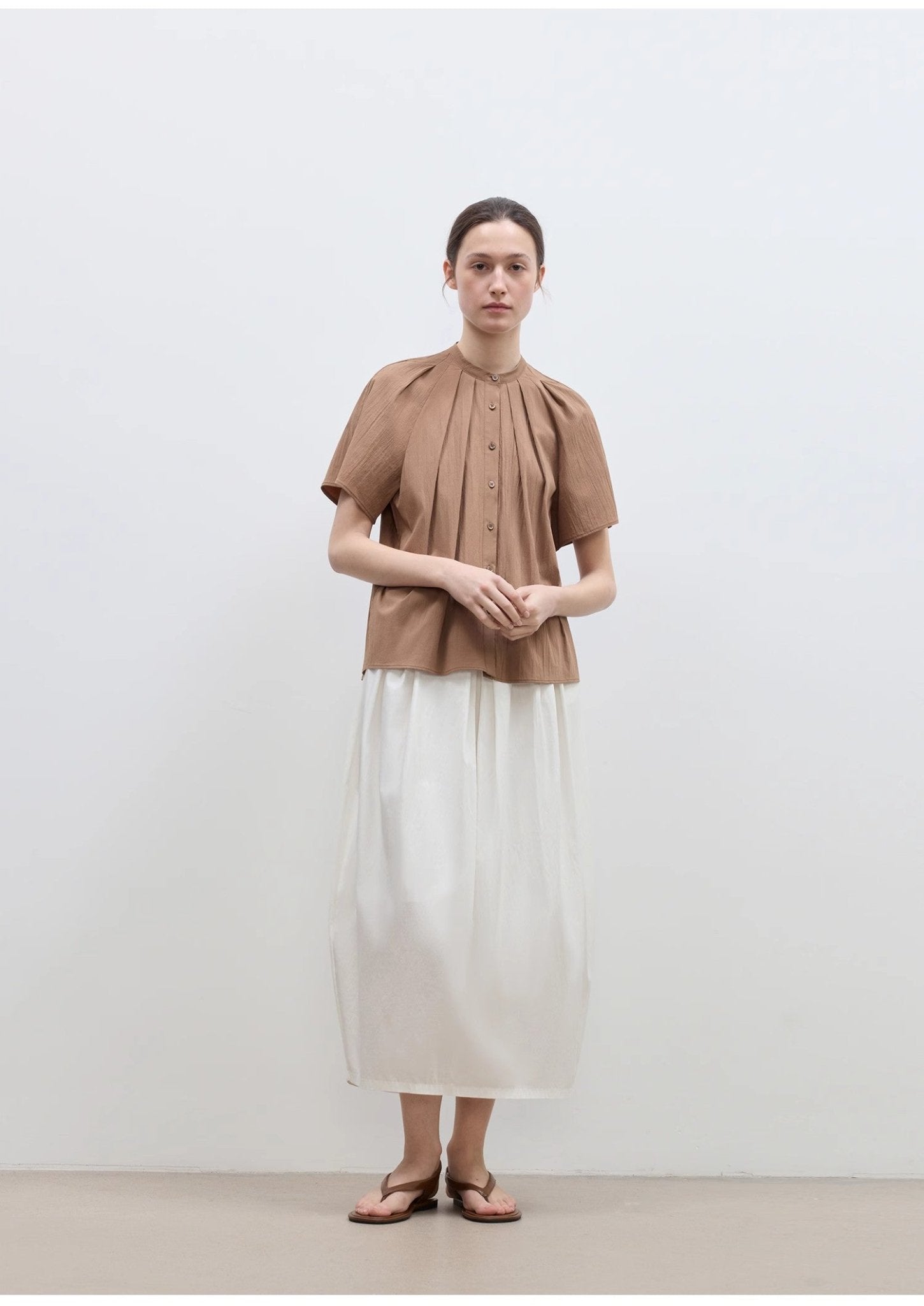 "Silent Island" Stand - up collar pleated short - sleeved shirt women's casual top - variant_title