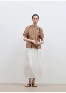 "Silent Island" Stand - up collar pleated short - sleeved shirt women's casual top - variant_title