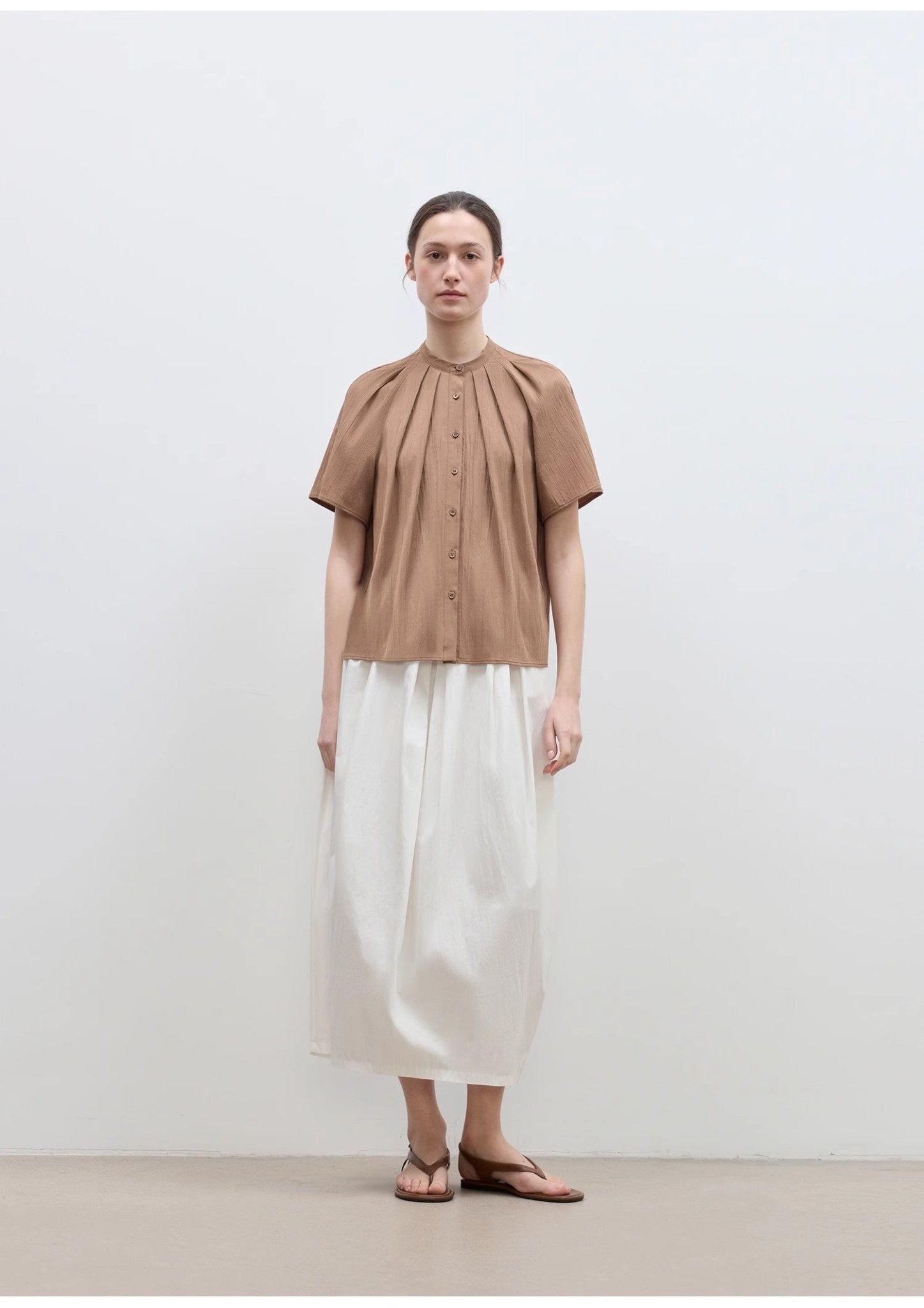 "Silent Island" Stand - up collar pleated short - sleeved shirt women's casual top - variant_title